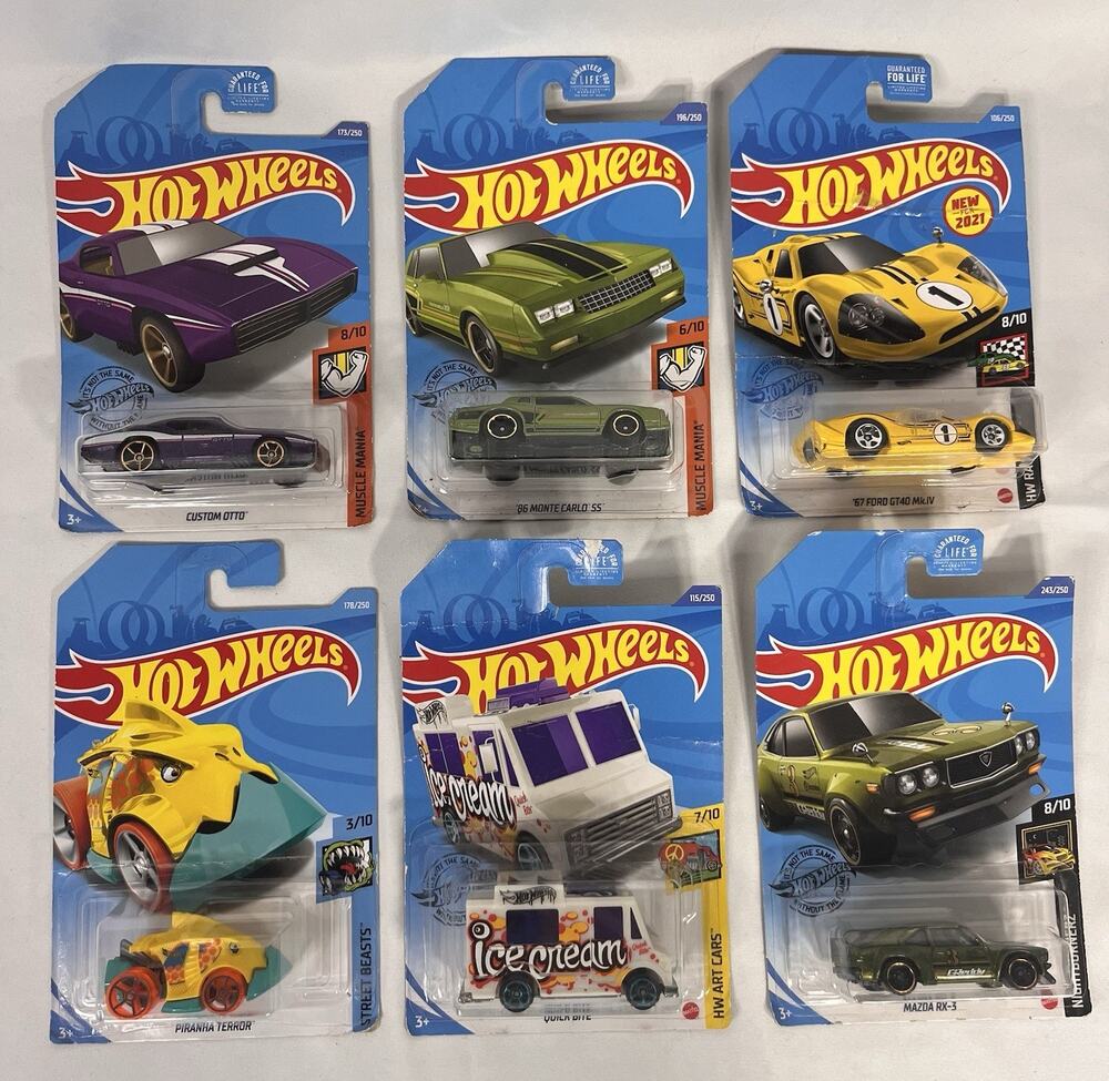 Hot Wheels Lot of 6 Carded Diecast Cars GT40 Monte Carlo RX-3 Custom Otto NIP
